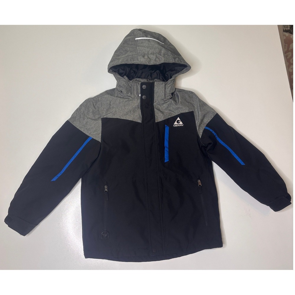 Gerry Boys Hooded Winter Ski Jacket Black Grey Full Zip Warm Coat Size M 10/12